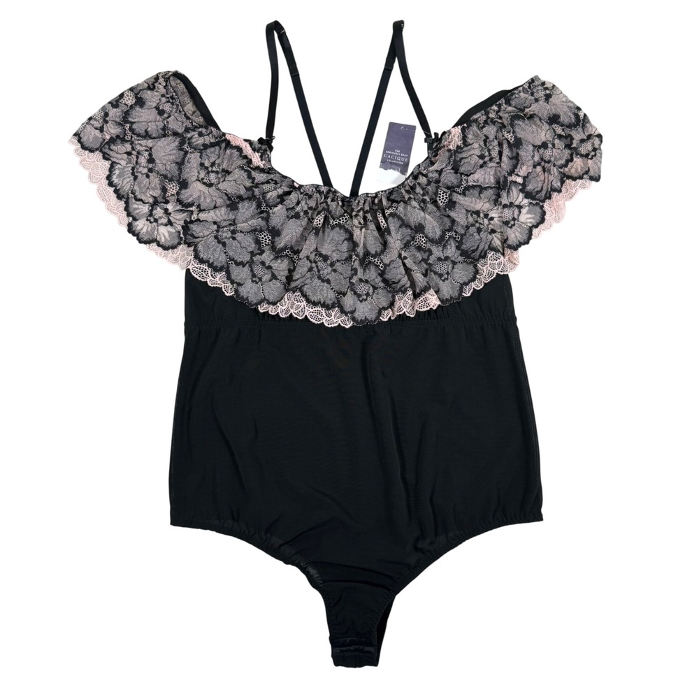 Cacique 22/24 Seriously Sexy Bodysuit Black Pink Lace Ruffle Off Shoulder‎ NEW